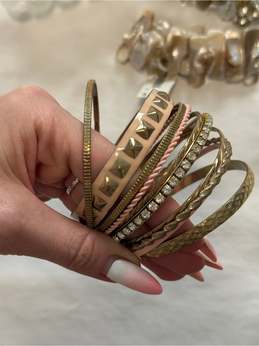 Mixed Metallic and Pearl Women’s Bracelet Set - Pink, Gold, Silver